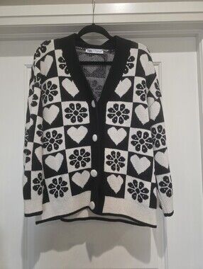Zara Black and White Checkerboard Heart & Floral Cardigan